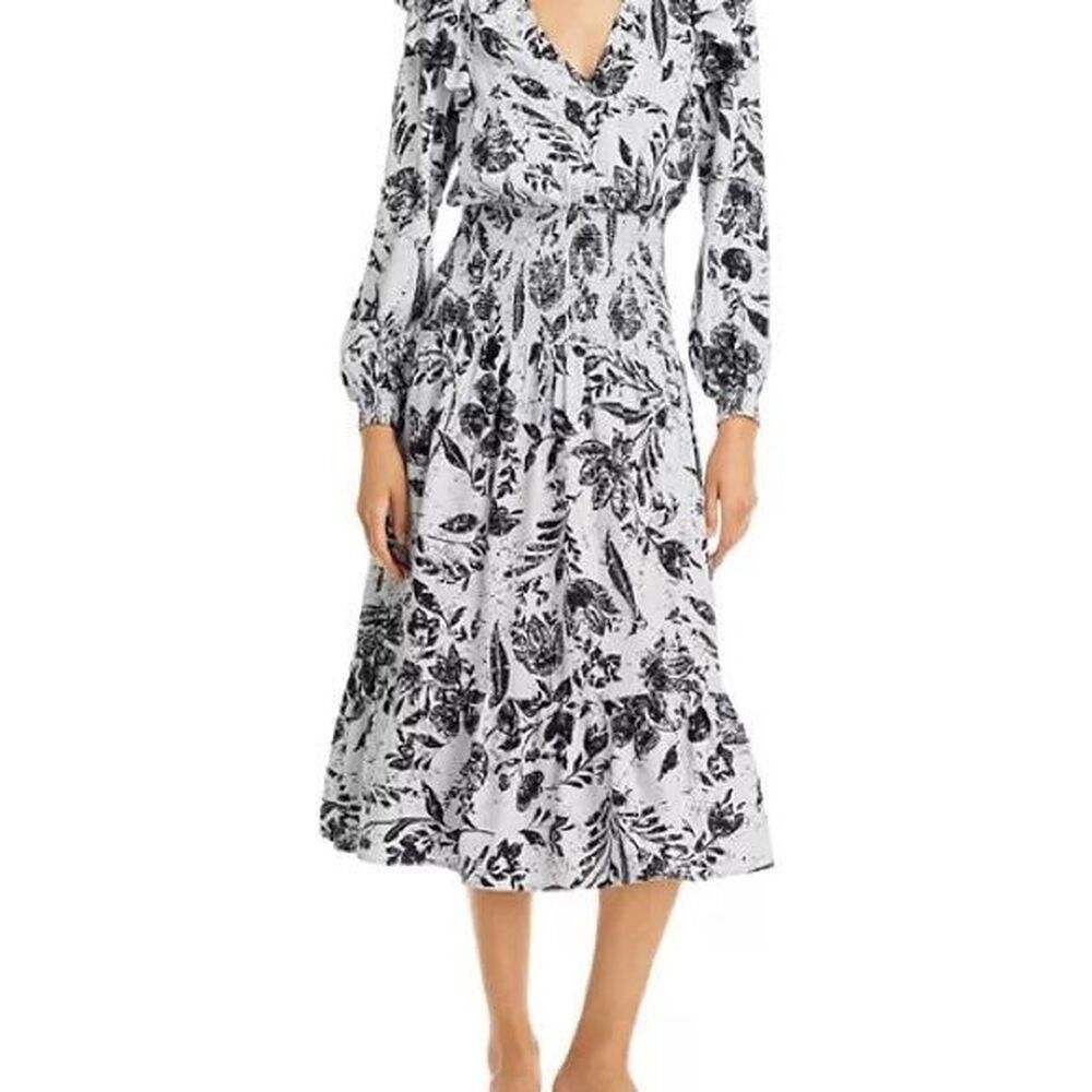 Aqua Blue and White Floral Midi Long Sleeve Ruffle Dress Size Small
